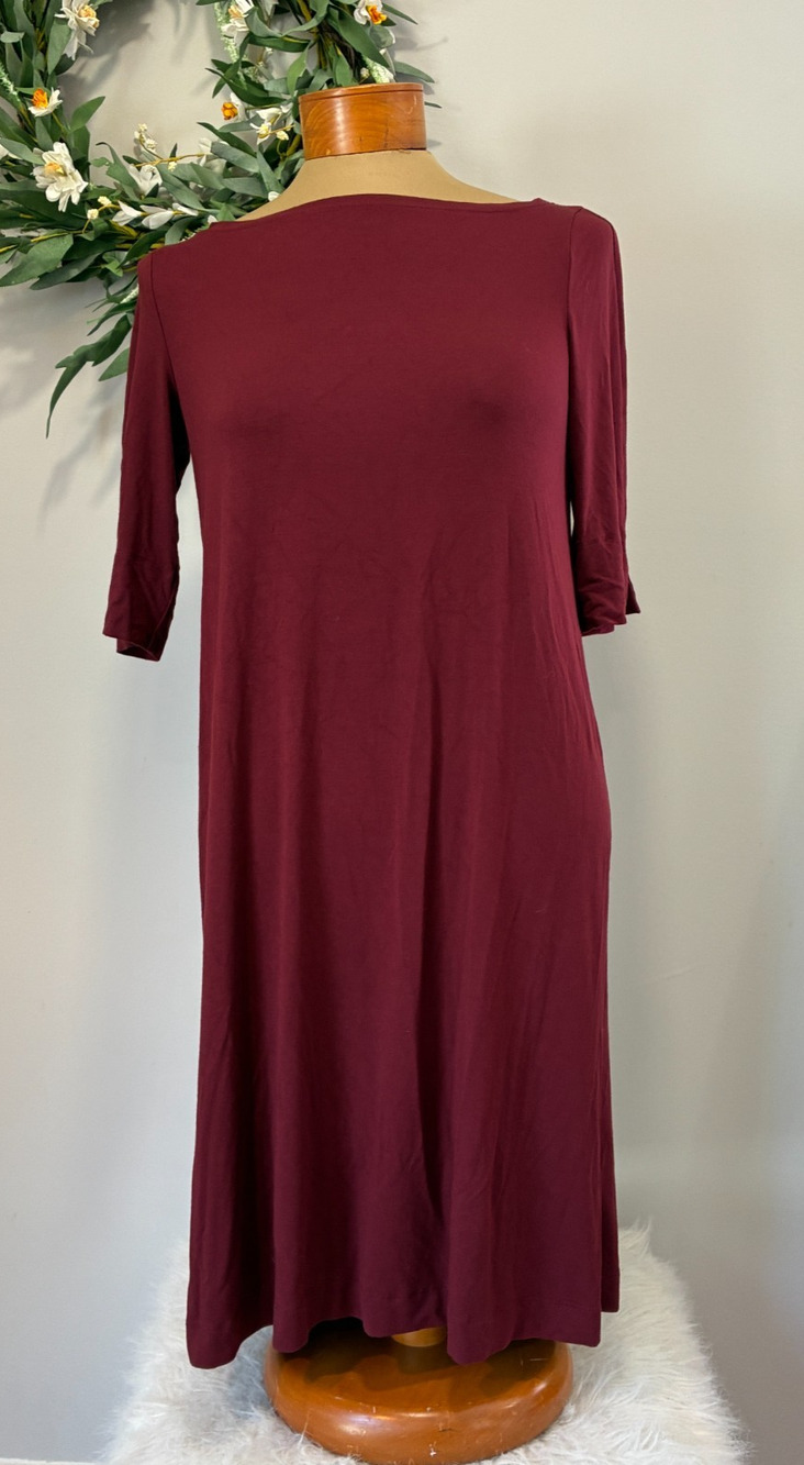 EILEEN FISHER Burgundy Knit Dress S/P Small Petite 3/4 Sleeve Maroon